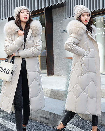 Waist-in-knee Padded Quilted Jacket With Thick Fur Collar
