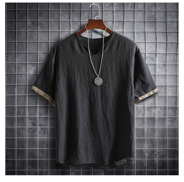 Vintage Linen V-Neck Short Sleeve T-Shirt Running Volume