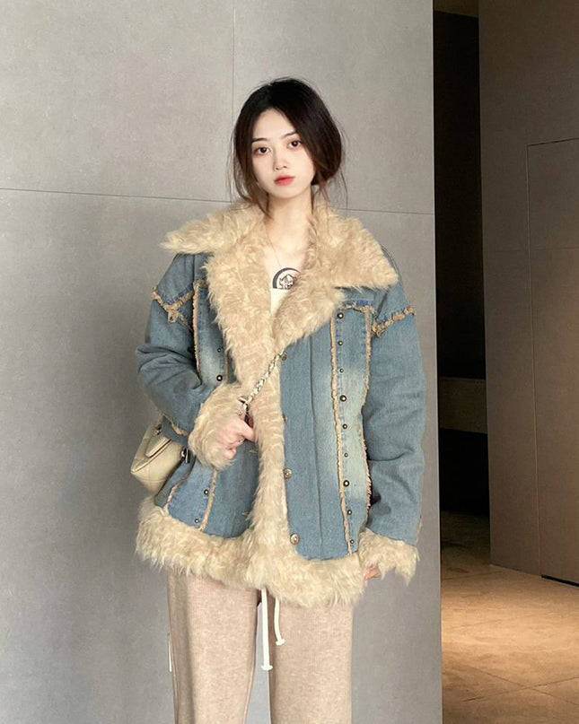 Denim Fur Collar Coat Women's Winter Hong Kong Style Vintage Top