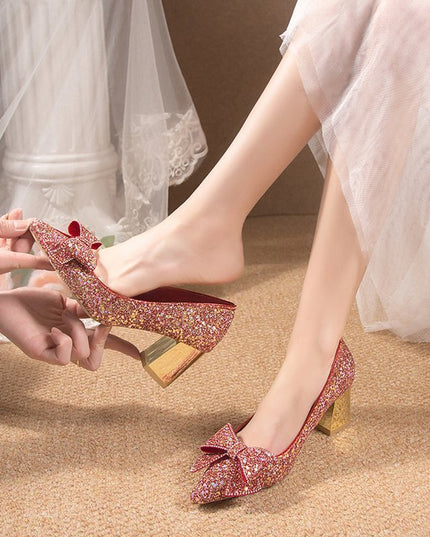 Crystal Sequins Wedding Xiuhe Chunky Heel Pointed-toe Shoes