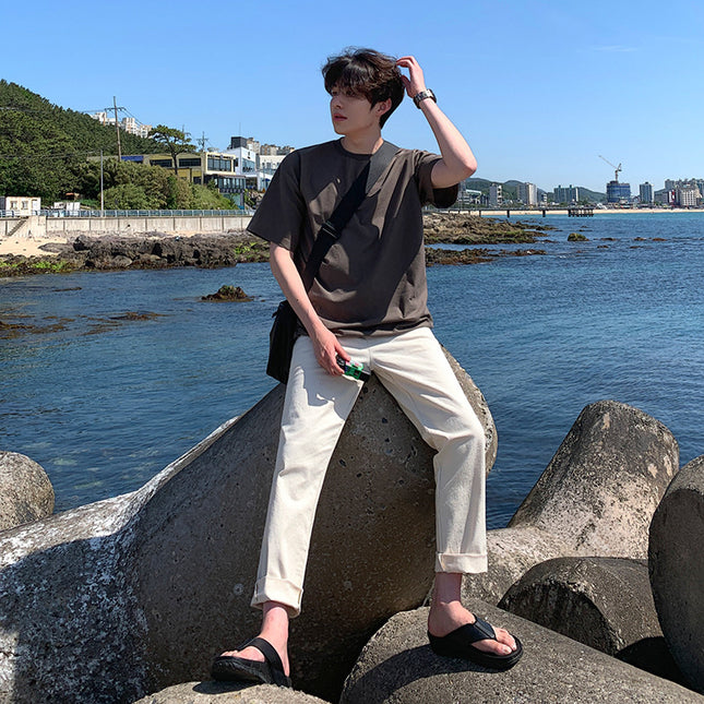 Men's Fashion Loose Round Neck Drawstring Bodysuit Top