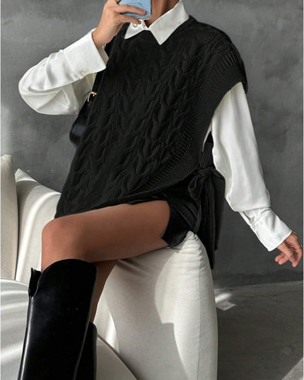 Women's Solid Color V-Neck Tie Casual Knit Vest