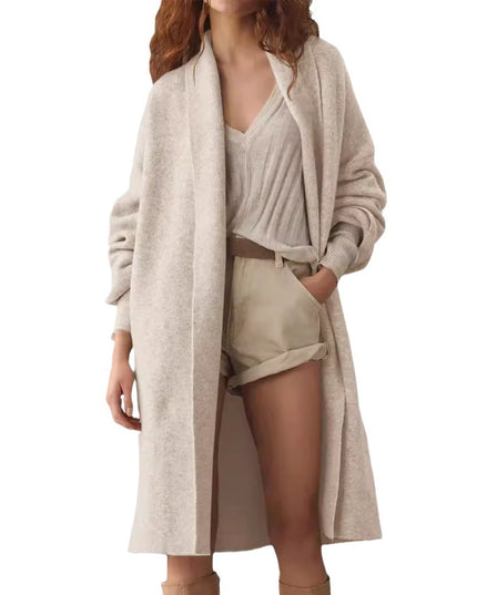 Elegant Long Collarless Cardigan Sweater Women's Coat