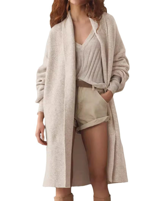 Elegant Long Collarless Cardigan Sweater Women's Coat