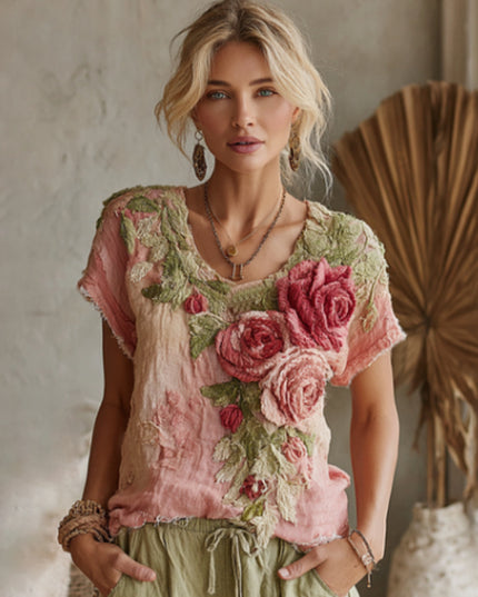 Women's Vintage Floral Art Linen Crew Neck T-shirt