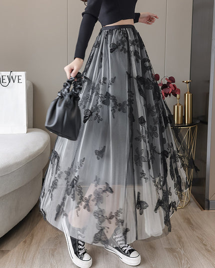 Embroidered Bow Lace Mesh Skirt Women's Mid-length