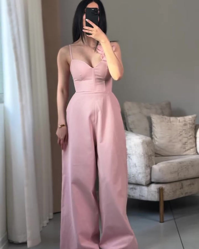 Solid Color Three-dimensional Floral Lace-up Jumpsuit