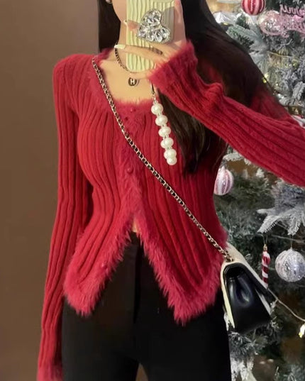 Women's Square Collar Stitching Edging Knitted Cardigan Autumn Winter Coat