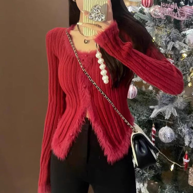 Women's Square Collar Stitching Edging Knitted Cardigan Autumn Winter Coat