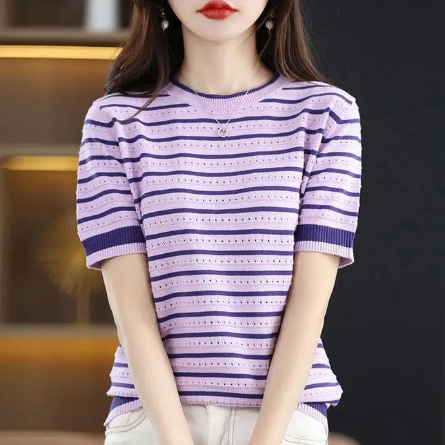 Loose Color Matching Striped Hollow Knitted Shirt