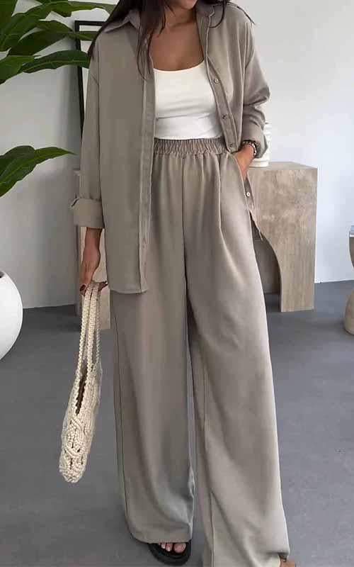 Fashion Solid Color Loose Top Casual Wide Leg Pants Two-piece Set