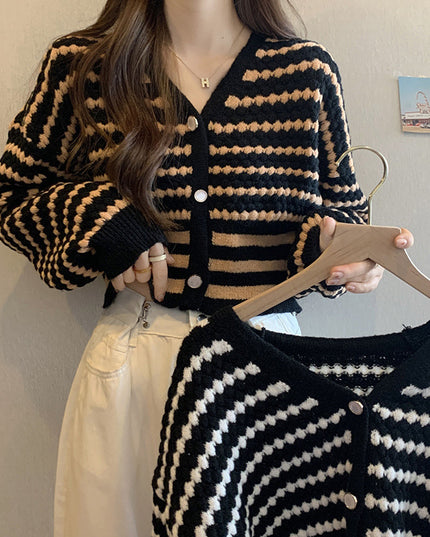 French Style Classic Style Cardigan Knitted Short Striped Sweater