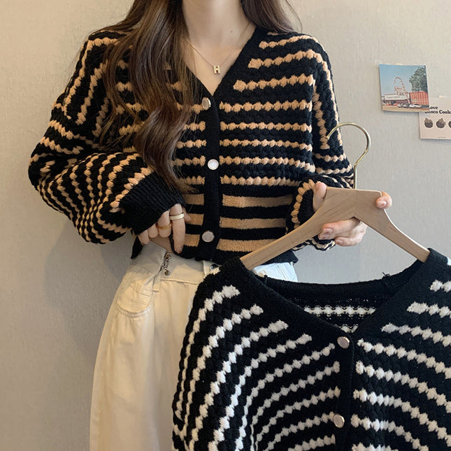 French Style Classic Style Cardigan Knitted Short Striped Sweater