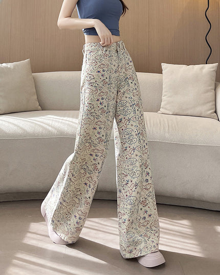 Small Fish Graffiti Pattern Straight Wide Leg High Waist Casual Trousers