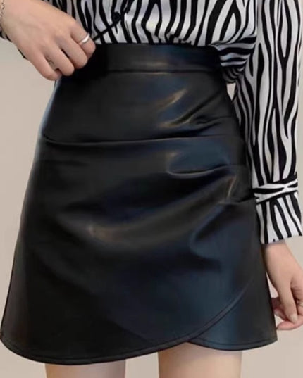 Black Small Leather Skirt Women's Springautumnwinter High Waist Ruffle Hip Short Skirt