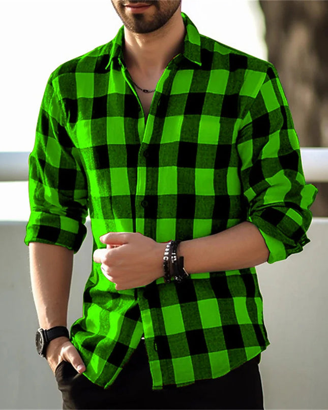 European And American Long Sleeve Loose 3D Personalized Printed Plaid Design Striped Shirt