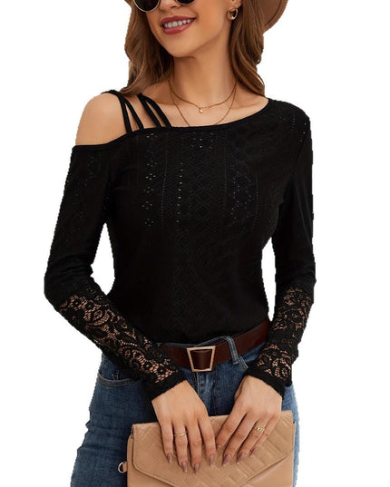 European And American Asymmetric Cross Off-shoulder Design Lace Stitching Coat