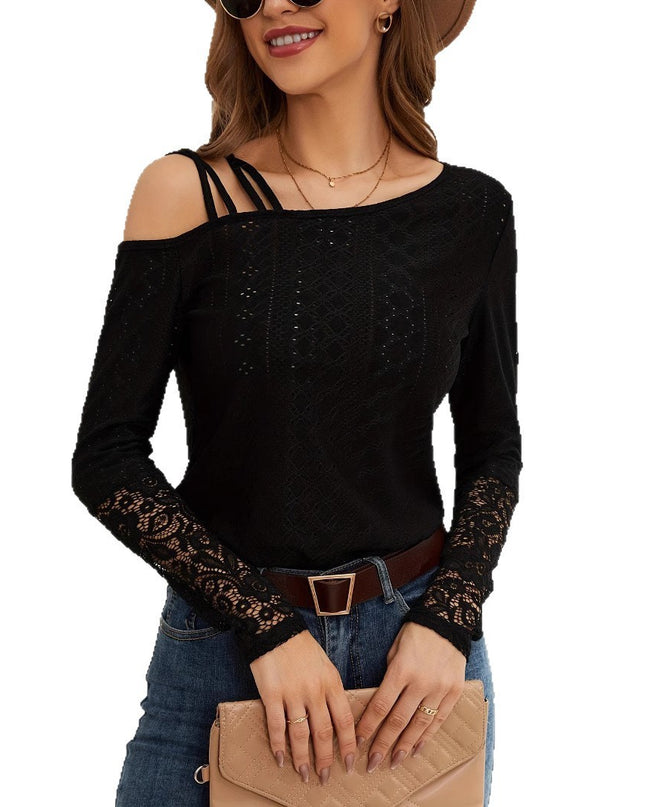 European And American Asymmetric Cross Off-shoulder Design Lace Stitching Coat
