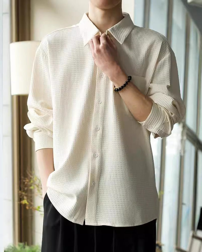 Waffle Polo Collar Jacket Casual Loose Men's Shirt