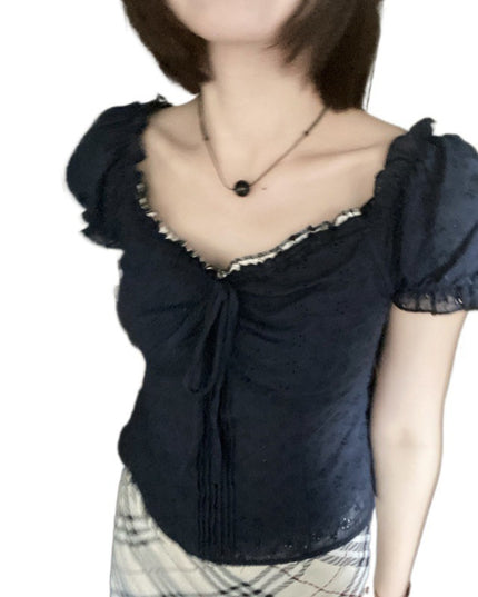 V-neck Lace Puff Sleeve Niche Shirt Short Sleeve
