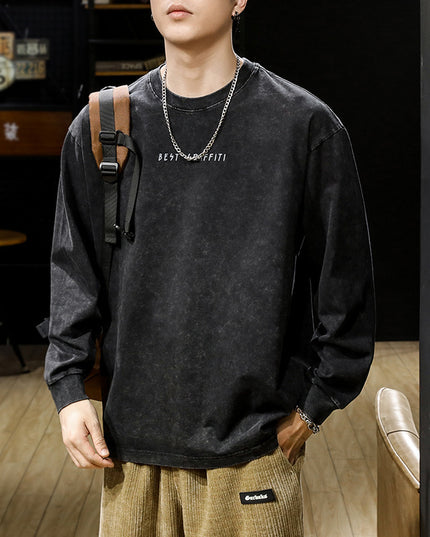 American-style Washed-out Vintage Long-sleeved T-shirt For Men