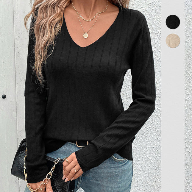 European And American Fall Women's Clothing Sunken Stripe V-neck Black Sweater For Women