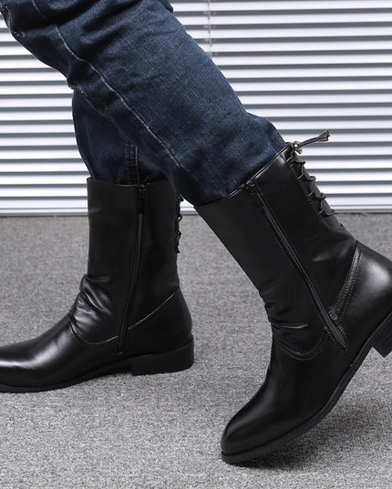 Pointed Leather Boots Men's British Korean High-top Leather Shoes Mid-calf Length