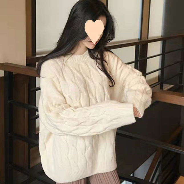Autumn And Winter Female Students Fleece-lined Thickened Cable-knit Sweater