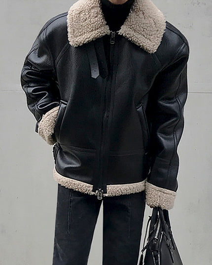 Men's Fleece Padded Collar Lambskin Leather Jacket