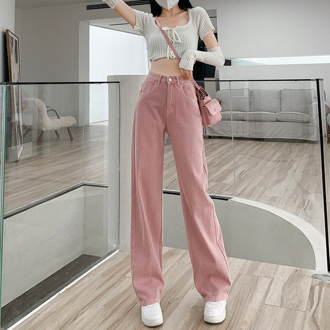Dirty Pink Wide Leg Denim Women's High Waist Slimming Loose Straight Mop Pants