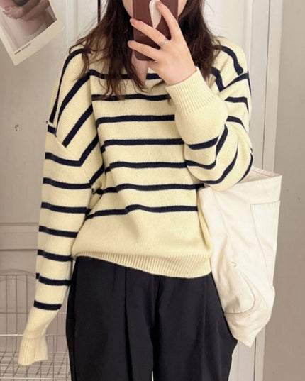 Retro Lazy Style Contrast Color Striped Collar Knitted Sweater