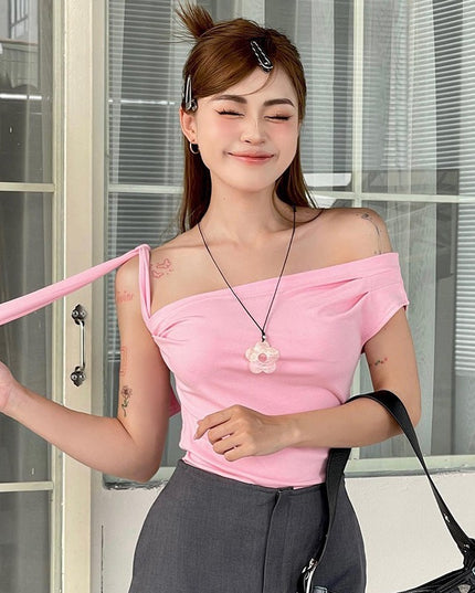 Pleated One-shoulder Backless Twisted Lace-up Asymmetric T-shirt Top