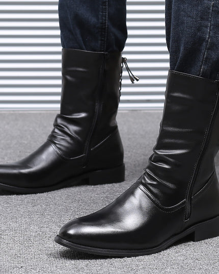 Pointed Leather Boots Men's British Korean High-top Leather Shoes Mid-calf Length