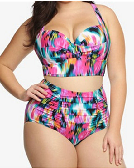 Printed Push Up Bikini Swimsuit Ladies Split High Waist Plus Size Multicolor