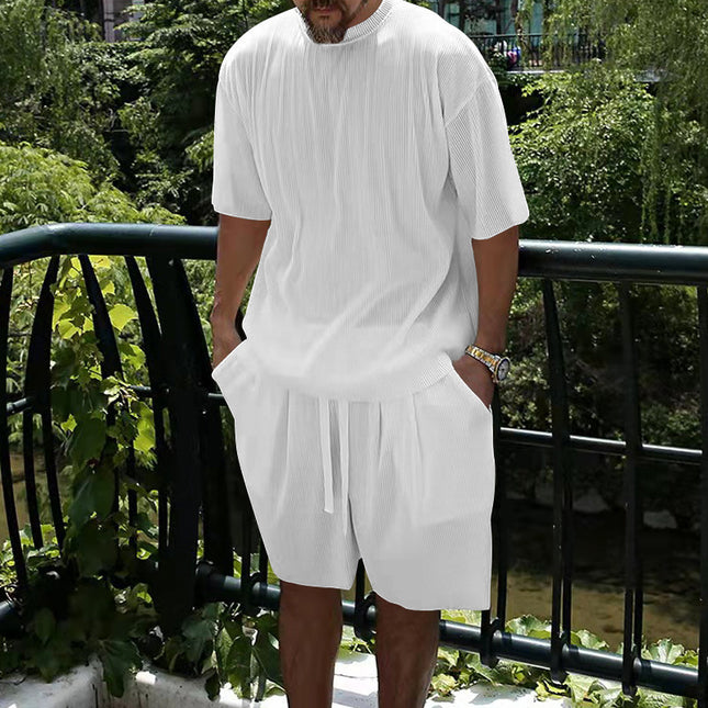 Ice Silk Sunken Stripe Loose Short Sleeve Shorts Men's Casual Suit