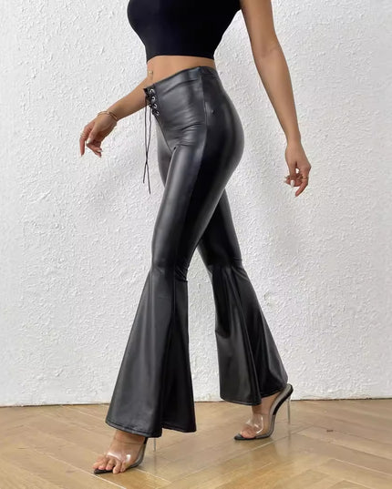Bright Leather Elastic Waist Bell-bottom Pants