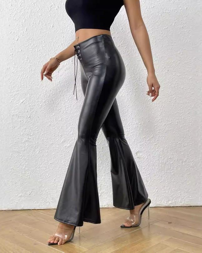 Bright Leather Elastic Waist Bell-bottom Pants