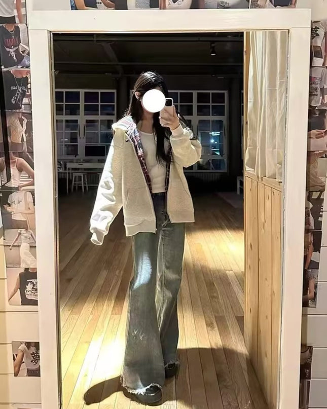 Retro Plaid Hooded Sweater For Women Fleece-lined