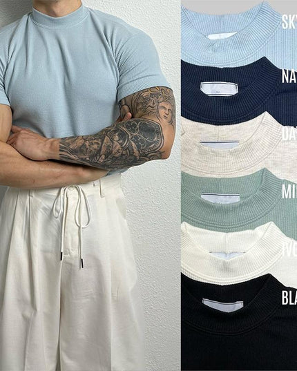 Men's American-style Pure Color Half Collar Thread Stretch T-shirt Top
