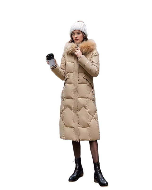 Slim Fit Below The Knee Cotton Coat Big Fur Collar Thickened Padded Jacket