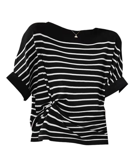 Women's Off-neck Ice Silk Short Sleeve Knitwear All-match Loose Striped Top