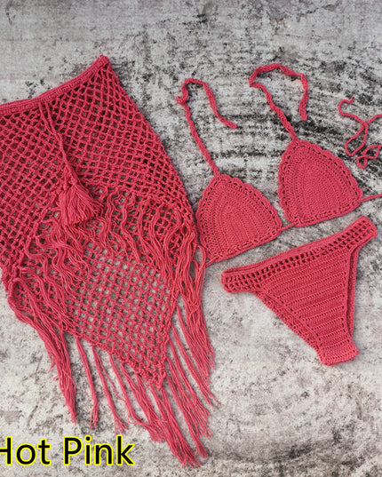3-piece European And American Handmade Crochet Bikini Beach Skirt Swimsuit Suit