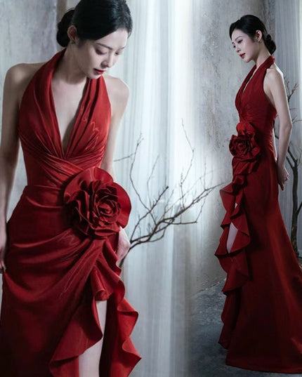 Socialite Style Wine Red Elegant Halter Bride Wedding Toast Dress