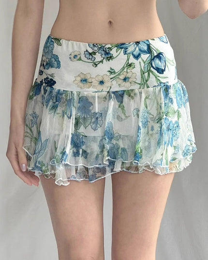 American Street Style Mesh Floral Print Irregular Skirt