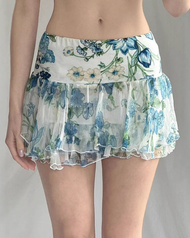 American Street Style Mesh Floral Print Irregular Skirt