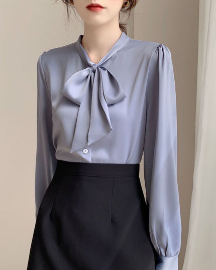 Lace-up Bow Business Wear Solid Color Bottoming Long Sleeve Shirt