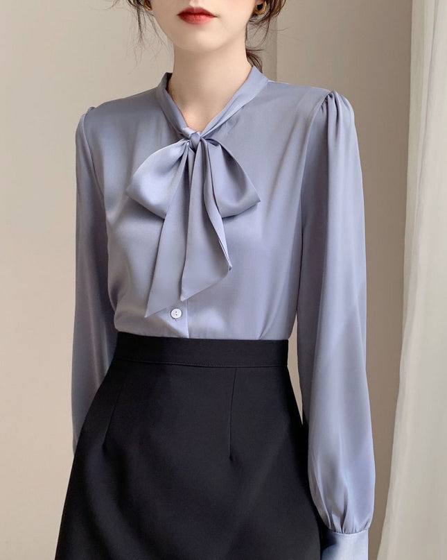 Lace-up Bow Business Wear Solid Color Bottoming Long Sleeve Shirt
