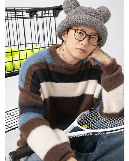 Artificial Mink Fur Contrast Color Striped Round Neck Sweater Japanese-style Retro