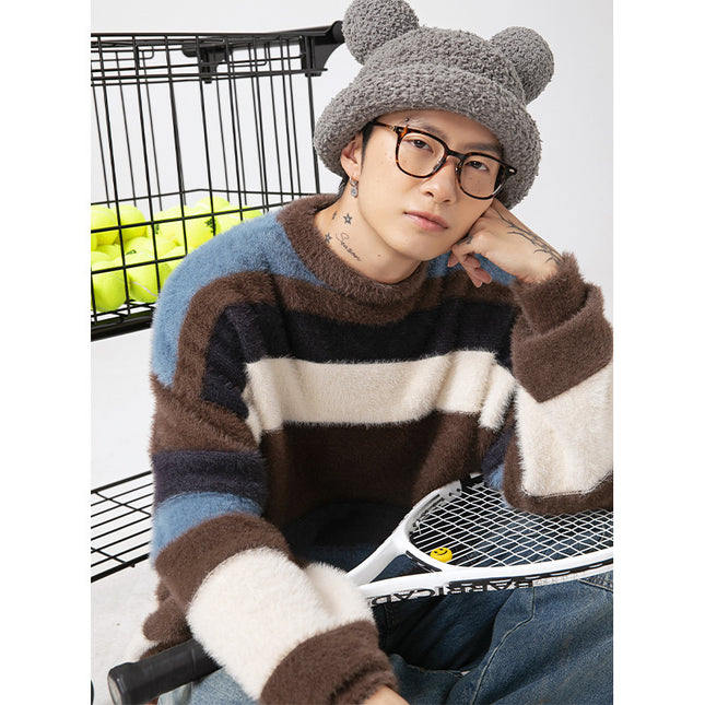 Artificial Mink Fur Contrast Color Striped Round Neck Sweater Japanese-style Retro
