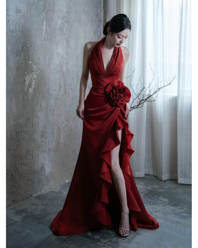 Socialite Style Wine Red Elegant Halter Bride Wedding Toast Dress